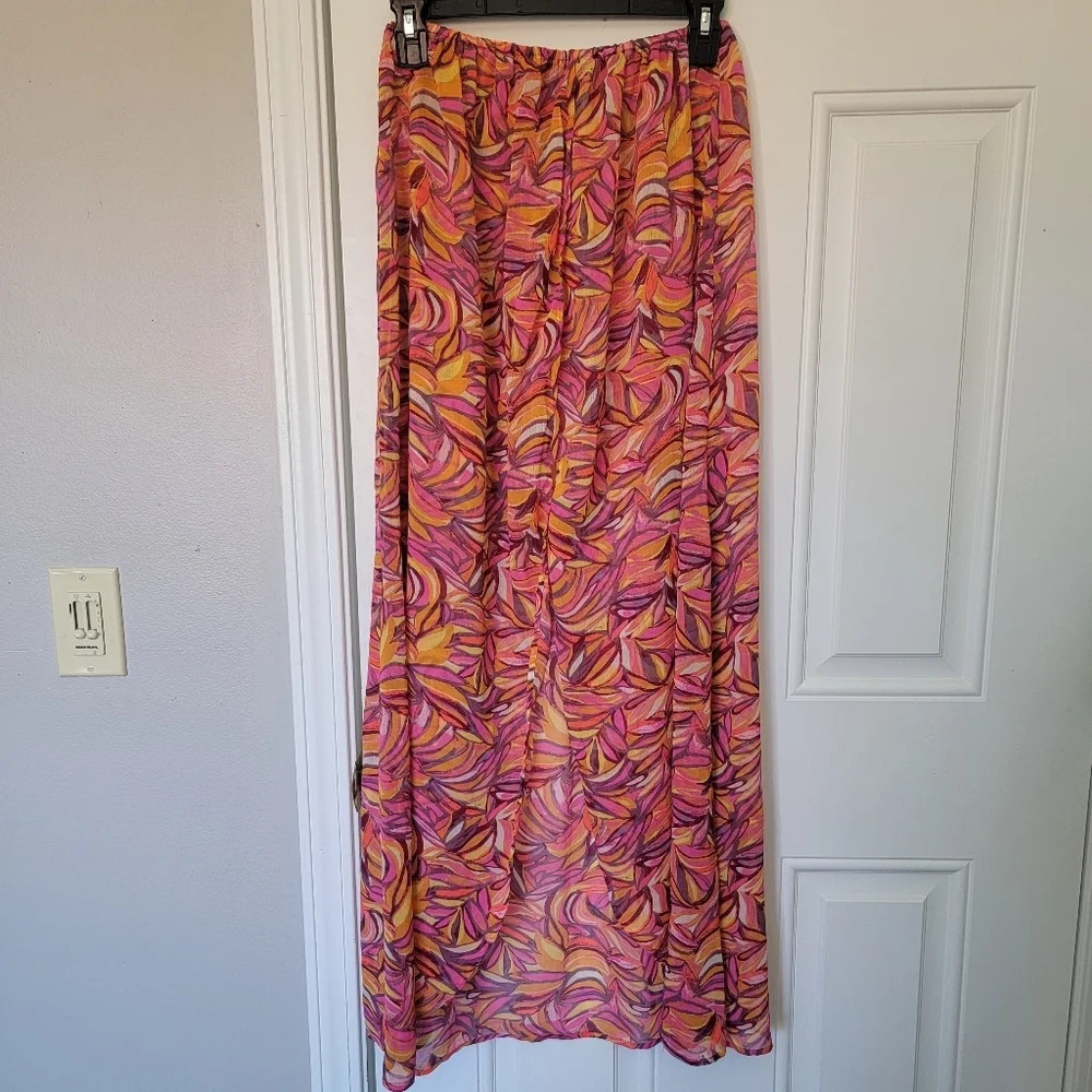 H & M Sheer Full Slit Maxi Skirt Swim Cover Up Pink Orange Tropical Size Small